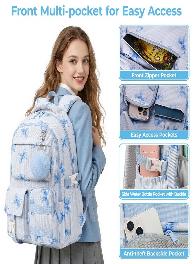 shiprabags Corduroy Backpack for Teen Girls, Aesthetic Cute Blue Bow School Backpack with Multi-Pocket, Lightweight Bookbag Fits 15.6 Inch Laptop, Large Capacity Casual Daypack for School Travel - Image 4