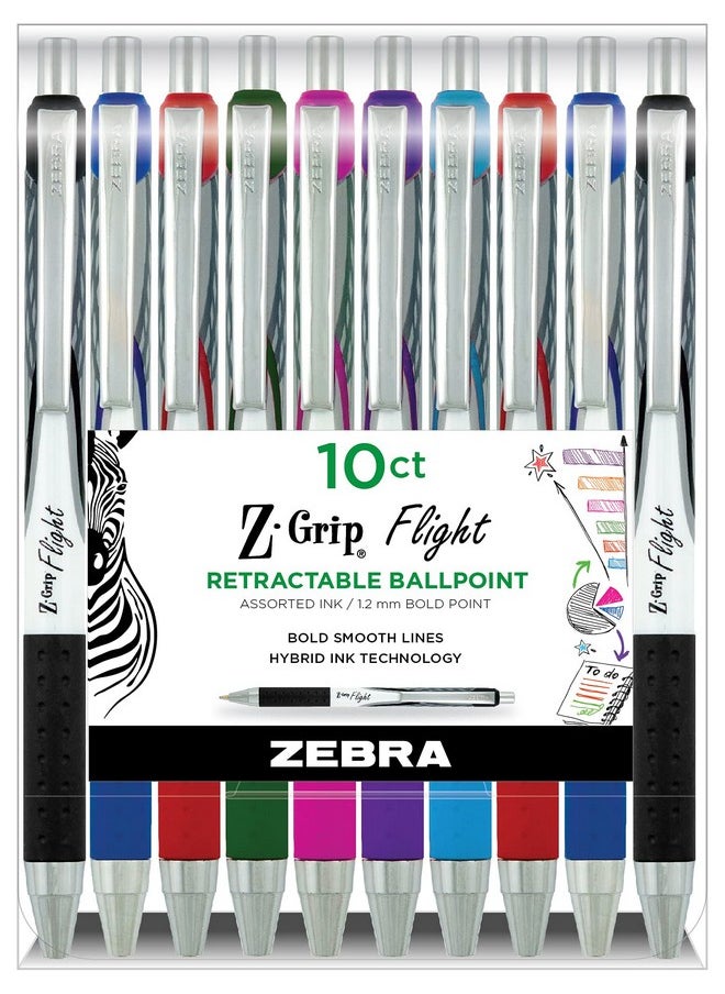 Zebra Pen Zebra Pen Z-Grip Flight Retractable Ballpoint Pen, Bold Point, 1.2mm, Assorted Color Ink, 10-Pack (21901)  - Image 1