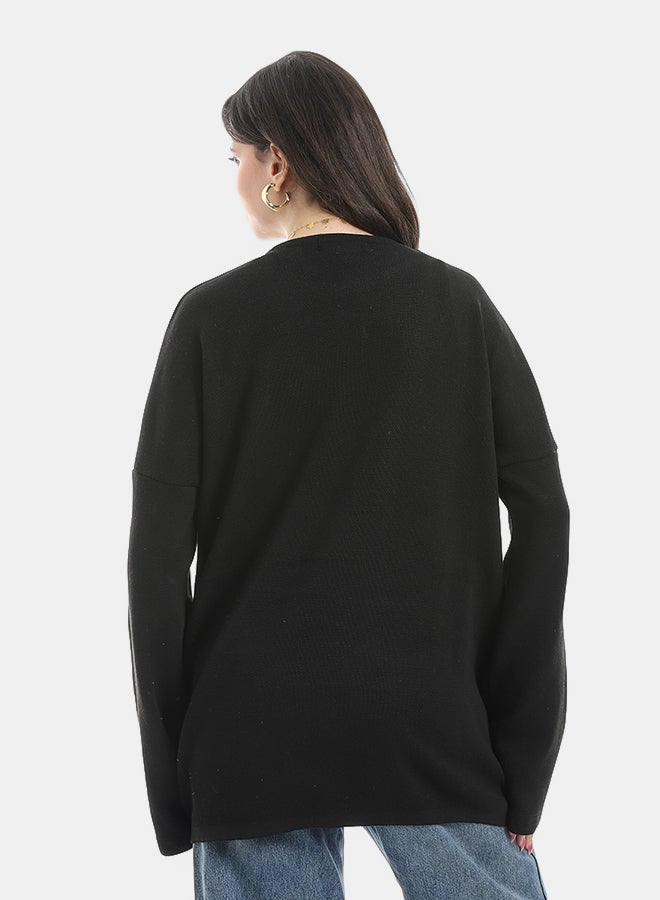 Andora Printed Round Collar Long Sleeves Sweatshirt-Black - Image 3