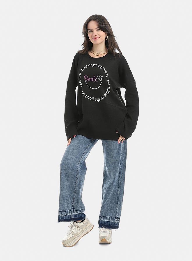 Andora Printed Round Collar Long Sleeves Sweatshirt-Black - Image 5