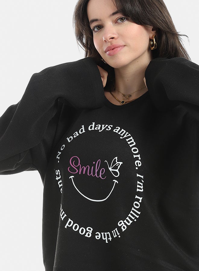 Andora Printed Round Collar Long Sleeves Sweatshirt-Black - Image 4