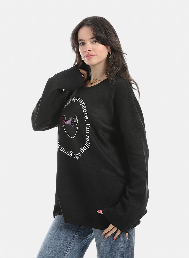 Andora Printed Round Collar Long Sleeves Sweatshirt-Black - Image 2
