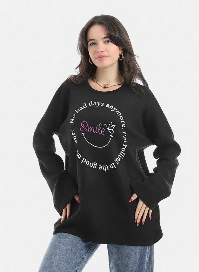 Andora Printed Round Collar Long Sleeves Sweatshirt-Black - Image 1