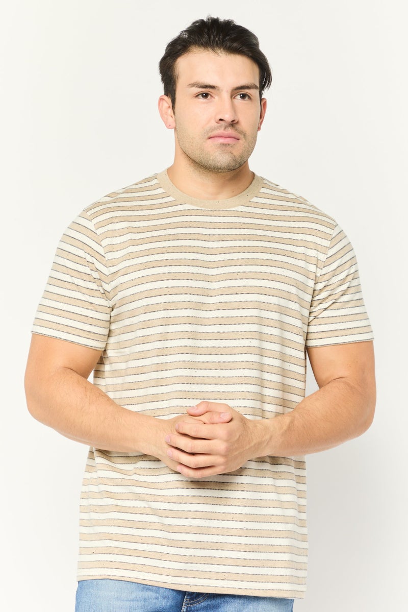 Peter Werth Men Crew Neck Short Sleeve Stripe T-Shirt, Beige - Image 1