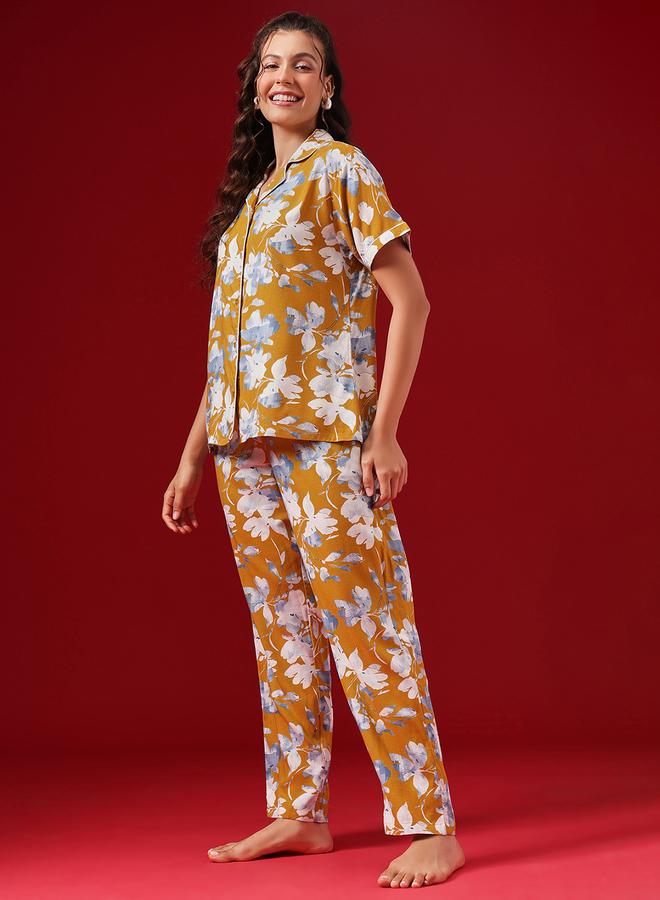 Clovia Floral Print Button Down Shirt and Pyjama Set - Image 3