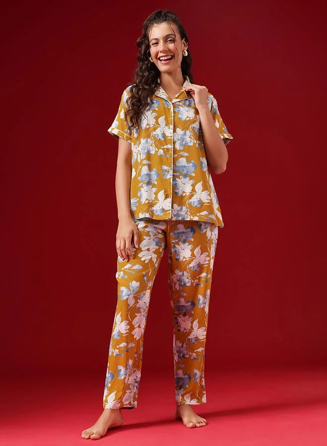 كلوفيا طقم قميص بأزرار وطبعة زهور وبنطال بيجاما