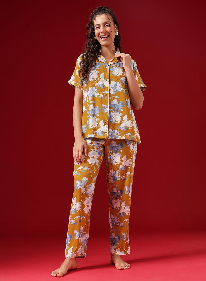 Clovia Floral Print Button Down Shirt and Pyjama Set - Image 1