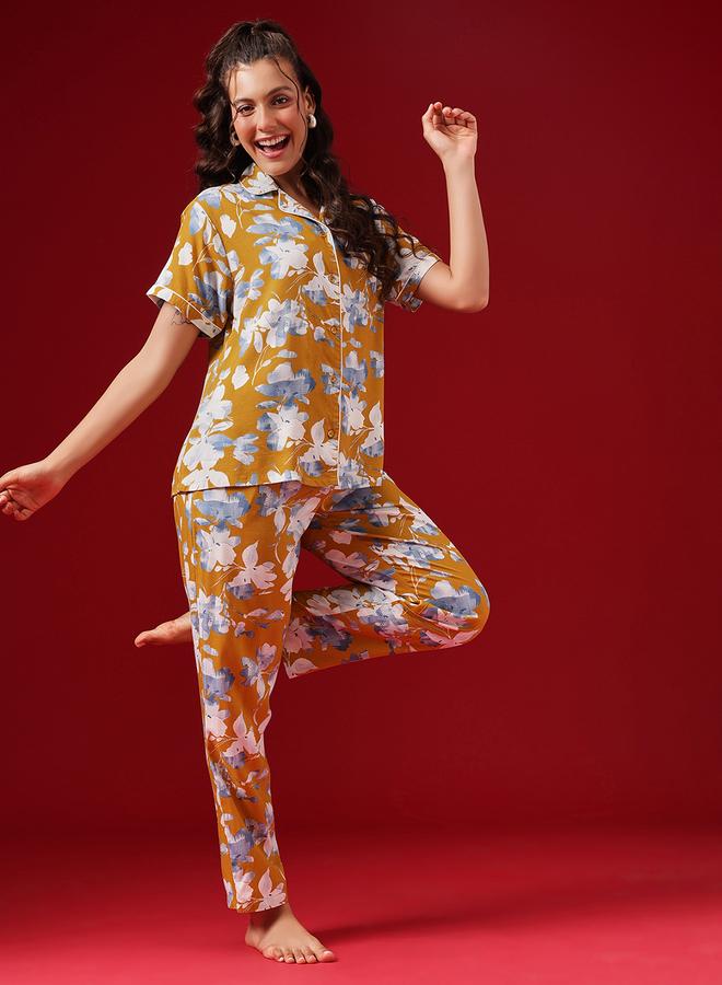 Clovia Floral Print Button Down Shirt and Pyjama Set - Image 4