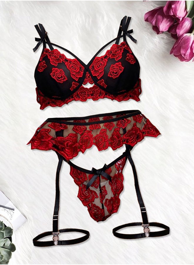 MARGOUN Women’s Large Size Lingerie Padded Underwear and Panty Sets Floral Lace Bra and G-String with Garter Belt Red / L(Bust 76-106/Waist72-92)  - Image 1