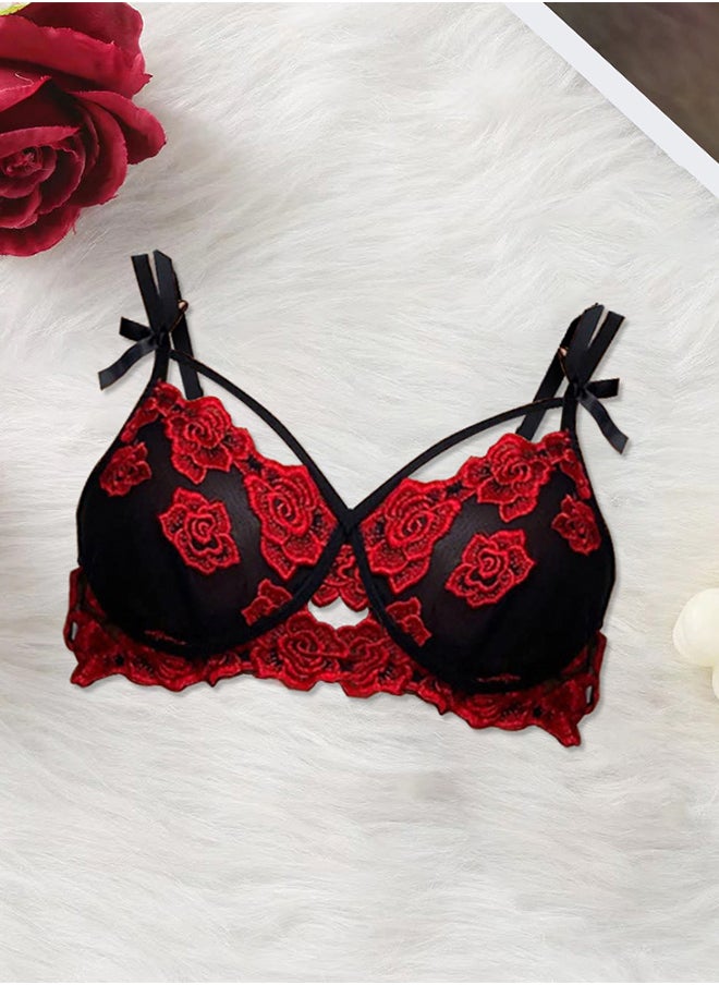 MARGOUN Women’s Large Size Lingerie Padded Underwear and Panty Sets Floral Lace Bra and G-String with Garter Belt Red / L(Bust 76-106/Waist72-92)  - Image 4