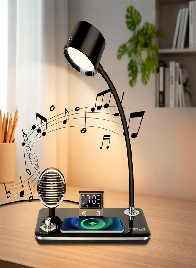 TECPHILE 5-in-1 Study Table Lamp with Bluetooth Speaker, 15W Wireless Charging, LED Time Display & Alarm, 3 Light Modes, Adjustable Hose – Desk Lamp for Students, Home & Office (Black) - Image 2