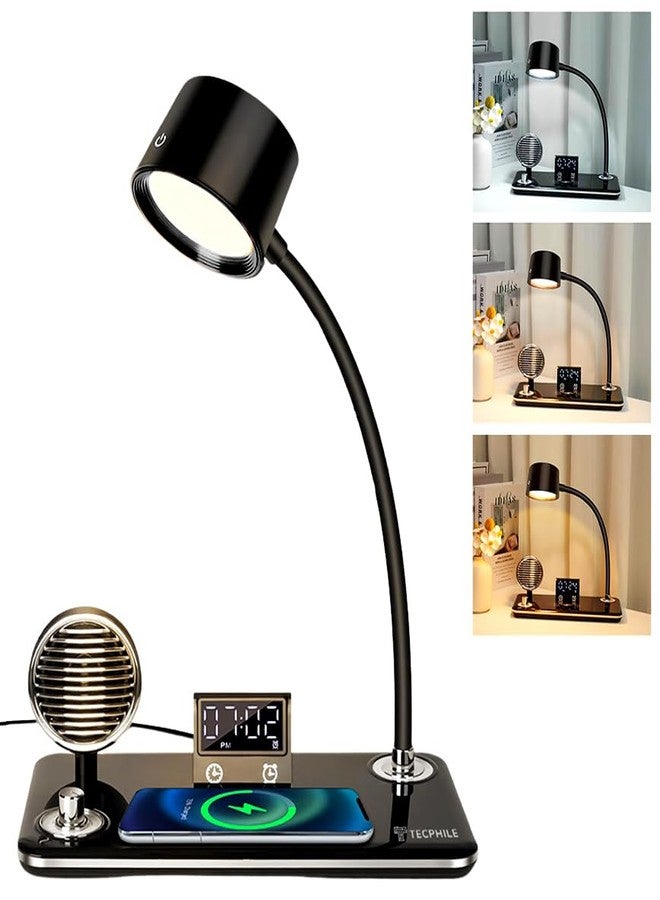 TECPHILE 5-in-1 Study Table Lamp with Bluetooth Speaker, 15W Wireless Charging, LED Time Display & Alarm, 3 Light Modes, Adjustable Hose – Desk Lamp for Students, Home & Office (Black) - Image 1