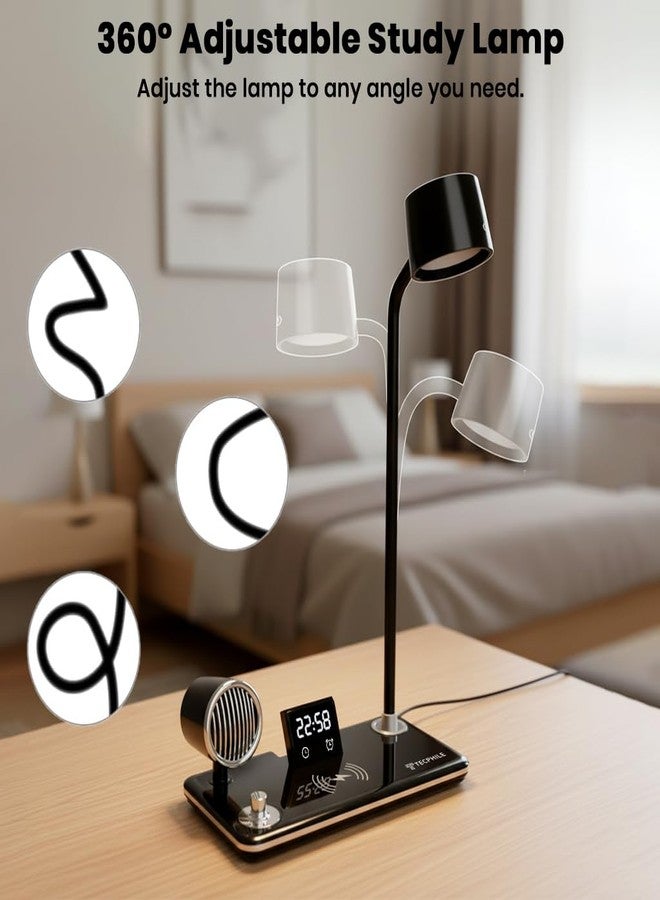 TECPHILE 5-in-1 Study Table Lamp with Bluetooth Speaker, 15W Wireless Charging, LED Time Display & Alarm, 3 Light Modes, Adjustable Hose – Desk Lamp for Students, Home & Office (Black) - Image 4