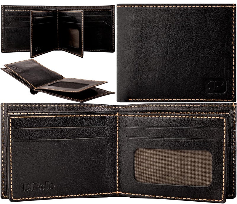 Dipelle Di Pelle™ Men's Genuine Leather Hand Made Wallet – Bifold Wallet with 14 Card Slots & 2 Cash Pockets & 3 Mesh Windows for ID or Photos – Practical Design with High Quality Material (Black) - Image 1