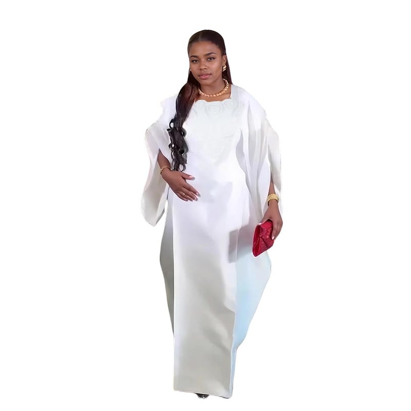 HD African Style Bell Sleeves All White Bubu Dress for Woman Fashion Embroidery Gown One Size - Image 2