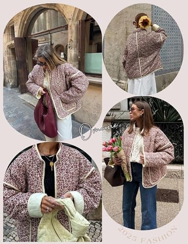 Omoone Women's Cropped Quilted Jacket Floral Printed LightWeight Padded Puffer Cardigan Coat Outwear(3950-09Red-M) - Image 4