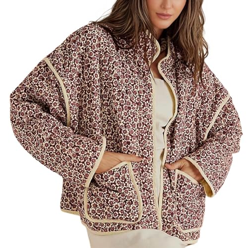 Omoone Women's Cropped Quilted Jacket Floral Printed LightWeight Padded Puffer Cardigan Coat Outwear(3950-09Red-M) - Image 1