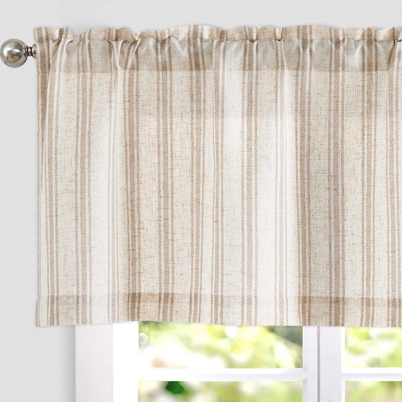 JINCHAN Striped Valance Window Treatment Linen Valance for Windows Small Window Farmhouse Curtain Light Filtering Flax 16 Inch Length Rod Pocket 1 Panel Tan on Linen - Image 2