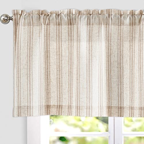 JINCHAN Striped Valance Window Treatment Linen Valance for Windows Small Window Farmhouse Curtain Light Filtering Flax 16 Inch Length Rod Pocket 1 Panel Tan on Linen - Image 1