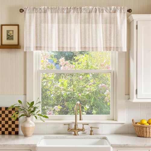 JINCHAN Striped Valance Window Treatment Linen Valance for Windows Small Window Farmhouse Curtain Light Filtering Flax 16 Inch Length Rod Pocket 1 Panel Tan on Linen - Image 3