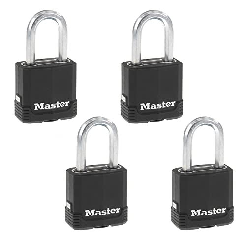 Master Lock Black Outdoor Key Lock, Heavy Duty Weather Resistant Padlock with Cover, Keyed Alike Padlocks for Outdoor Use, 4 Pack, M115XQLF - Image 1