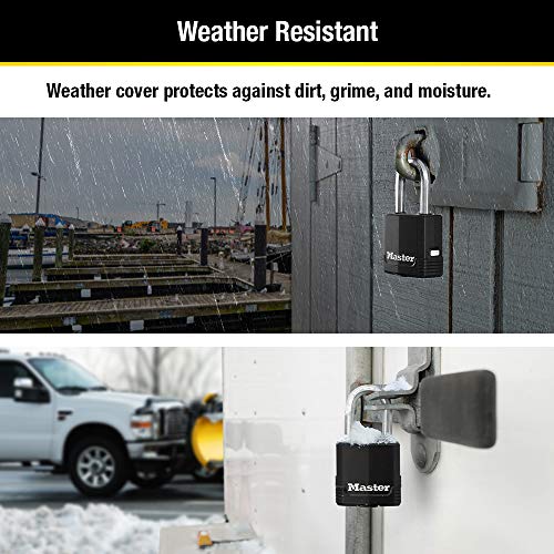 Master Lock Black Outdoor Key Lock, Heavy Duty Weather Resistant Padlock with Cover, Keyed Alike Padlocks for Outdoor Use, 4 Pack, M115XQLF - Image 4