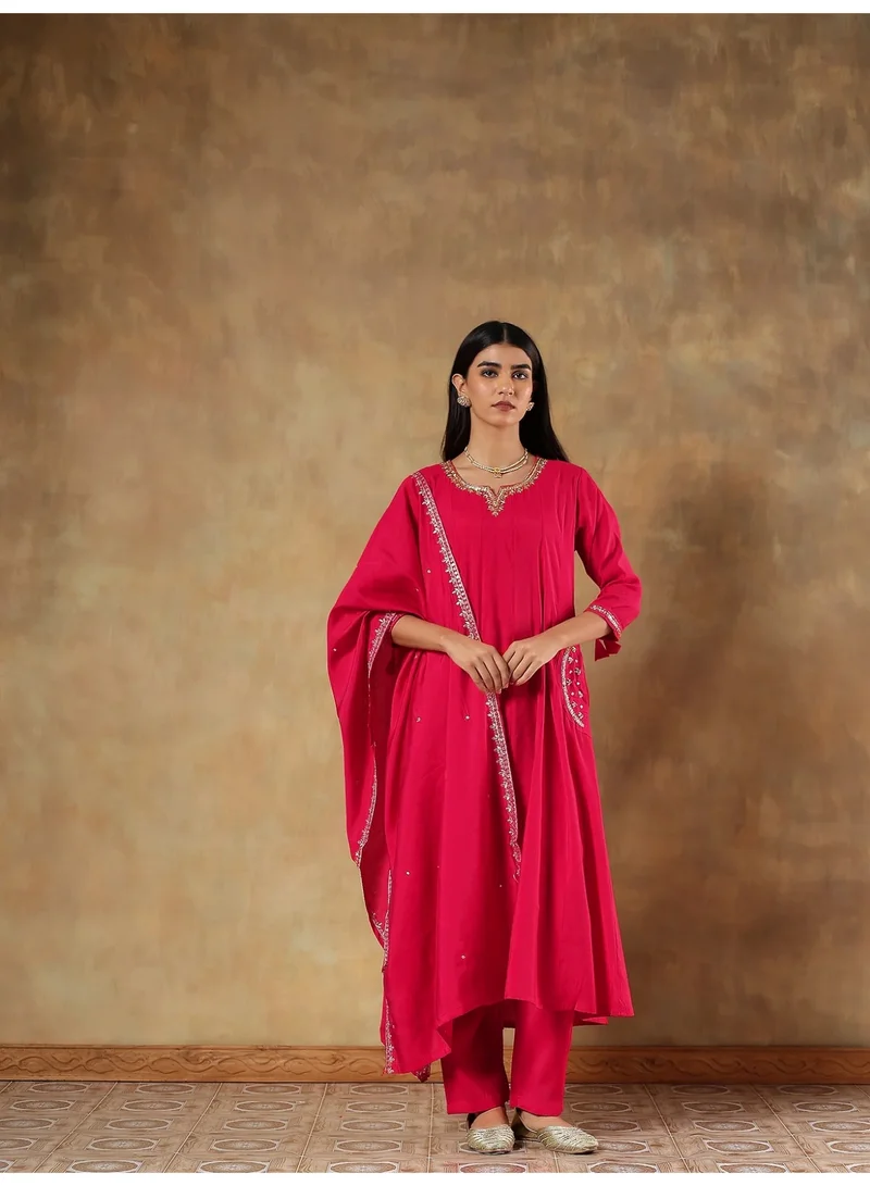 Ruby Premium Silk Embroidered Anarkali Kurta Pant Dupatta Set for Women Sequin Thread Work Festive Indian Ethnic Wear