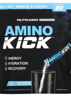 NutraBio Amino Kick Blue Raspberry 20 Stick Packs 0.32 oz (9 g) Each 