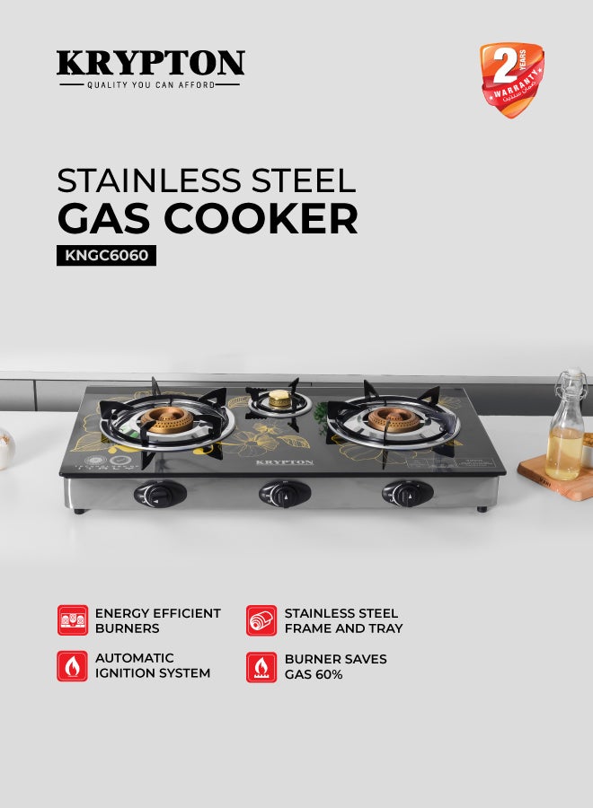 KRYPTON Triple Burner Gas Stove with 7mm Tempered Glass Top, Cast Iron Burners, Brass Caps, Auto Ignition, Stainless Steel Frame, Easy Clean Tray – Heavy Duty Gas Cooker KNGC6060 Black/Silver - Image 1