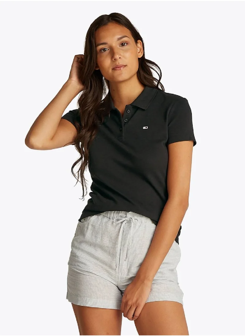 TOMMY JEANS Women's Essential Slim Polo Shirt - Cotton, Black