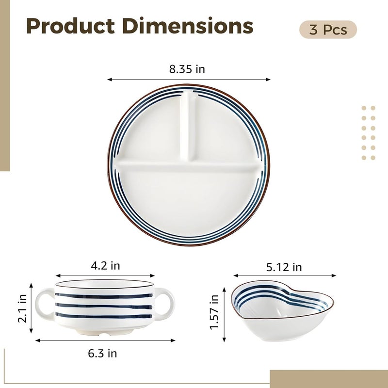 Divided Ceramic Dinnerware Set, Heart Bowl, and Handled Cup, 3 Pcs, Japanese Style, for Adults and - Image 3