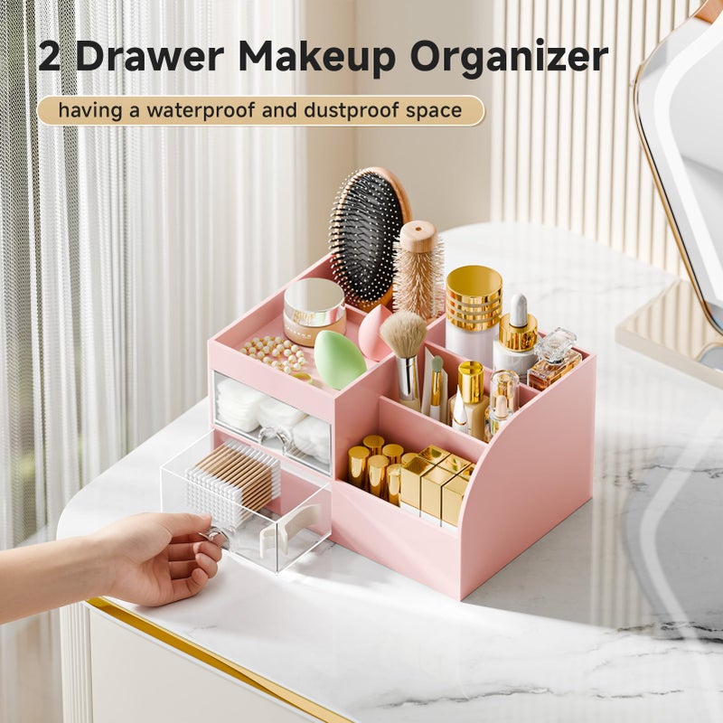 fanado Makeup Organizer with 2 Drawers, Makeup Organizers Countertop for Vanity and Bathroom, Make up organization and Skincare Storage with Brush Holder, for Dresser, Desktop, Cosmetic Display Case (Pink) - Image 5