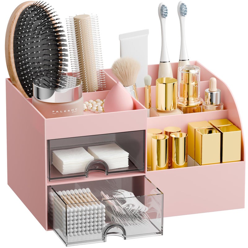 fanado Makeup Organizer with 2 Drawers, Makeup Organizers Countertop for Vanity and Bathroom, Make up organization and Skincare Storage with Brush Holder, for Dresser, Desktop, Cosmetic Display Case (Pink) - Image 1