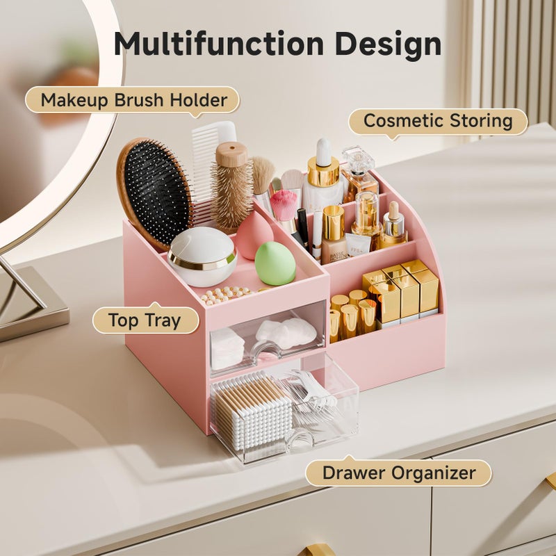 fanado Makeup Organizer with 2 Drawers, Makeup Organizers Countertop for Vanity and Bathroom, Make up organization and Skincare Storage with Brush Holder, for Dresser, Desktop, Cosmetic Display Case (Pink) - Image 4