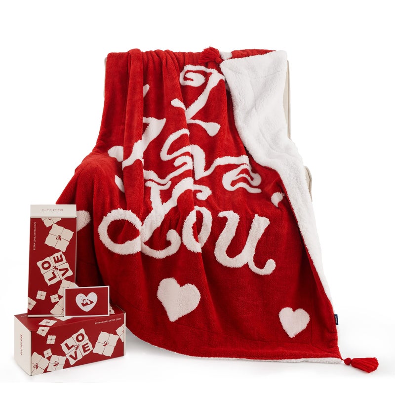 Bedsure Valentines Day Throw Blanket  Soft and Warm Sherpa Heart Throws Valentines Day Gifts for Him and Her I Love You Red 50x60