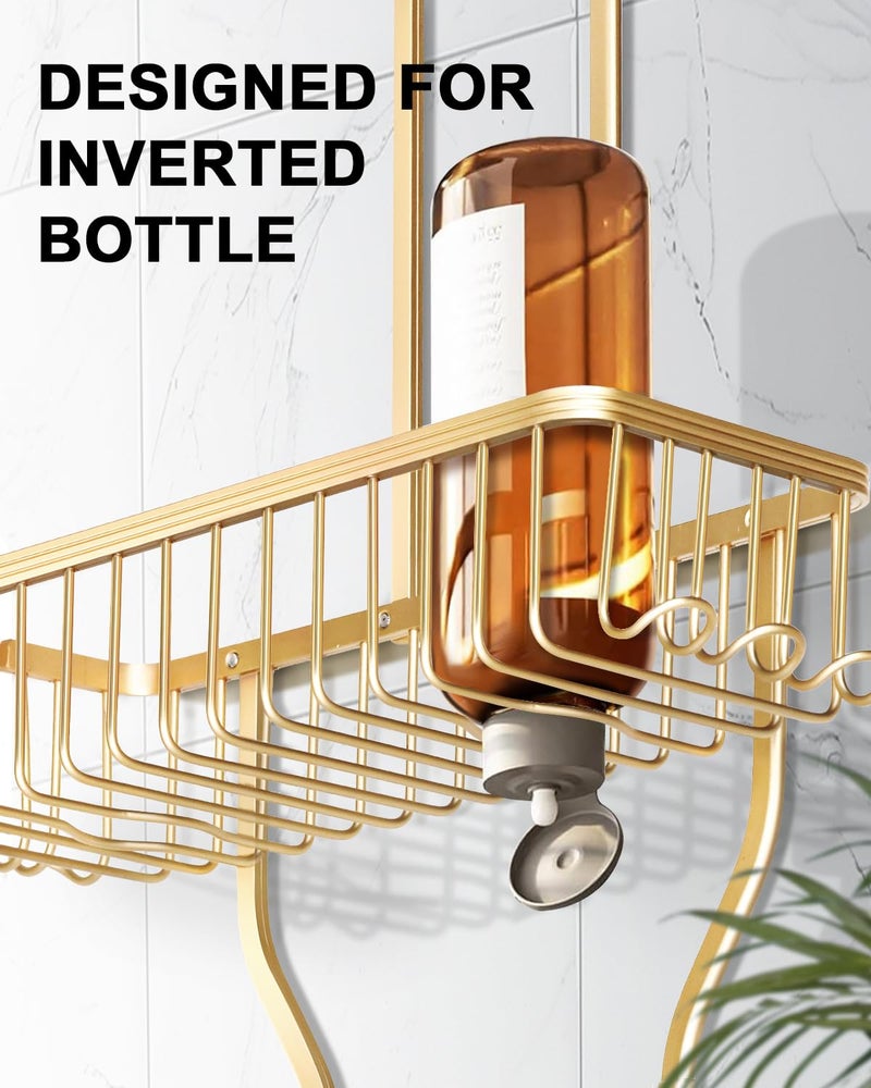 MSAICOE Shower Caddy Hanging - Never Rust Shower Hanging Organizer - Aluminum Over the ShowerHead Caddy with Soap Basket and 6 Razor/Sponge Hooks (Gold) - Image 5