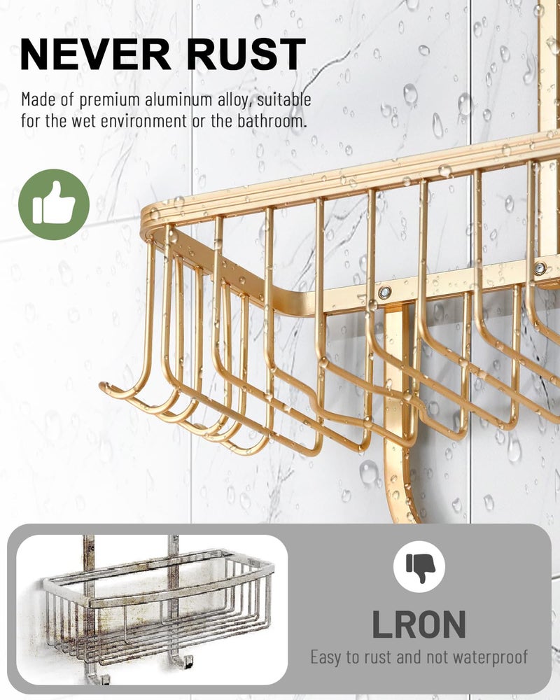 MSAICOE Shower Caddy Hanging - Never Rust Shower Hanging Organizer - Aluminum Over the ShowerHead Caddy with Soap Basket and 6 Razor/Sponge Hooks (Gold) - Image 4