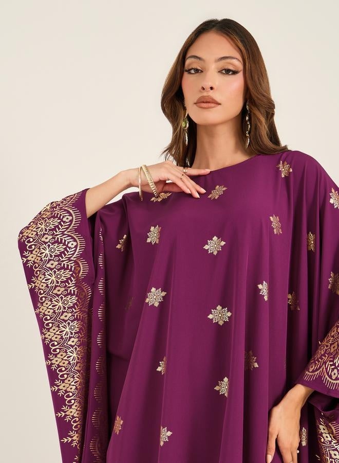 تايك تو كفتان بأكمام باتوين وطبعة فويل ورقبة مستديرة - Image 4