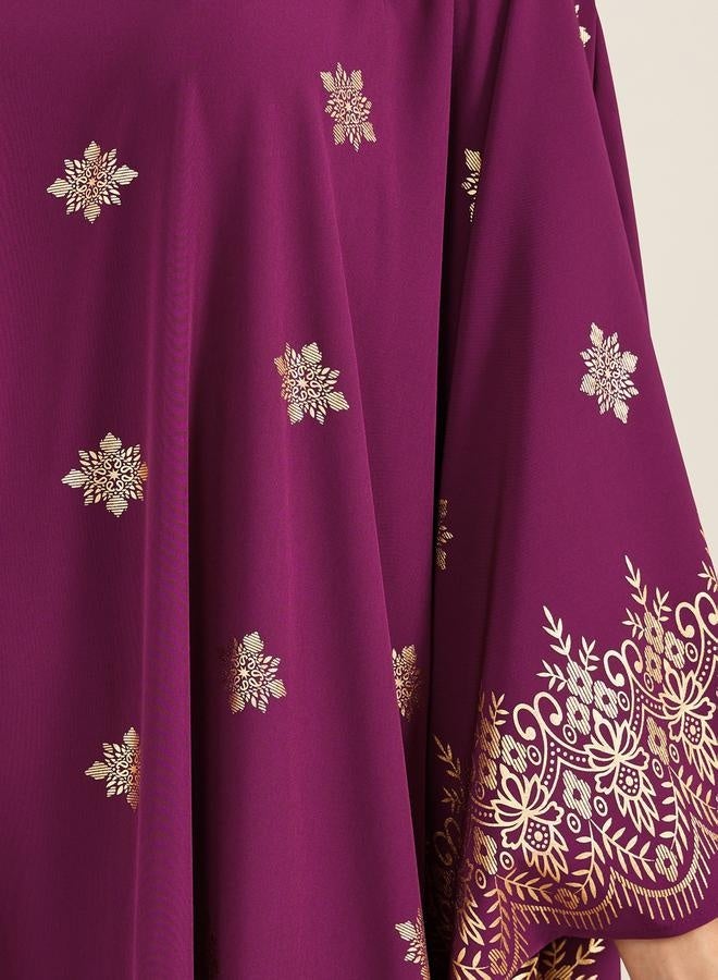 تايك تو كفتان بأكمام باتوين وطبعة فويل ورقبة مستديرة - Image 5