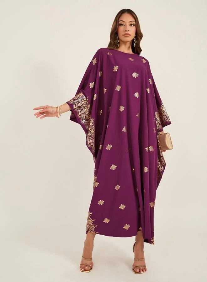 Take Two Take Two Foil Print Batwing Sleeve Round Neck Kaftan