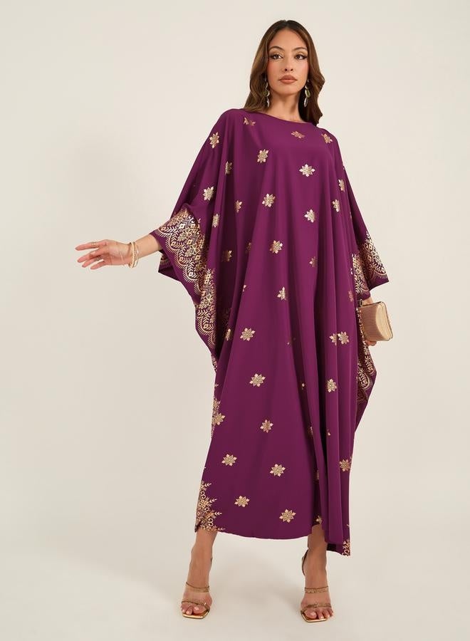 تايك تو كفتان بأكمام باتوين وطبعة فويل ورقبة مستديرة - Image 3