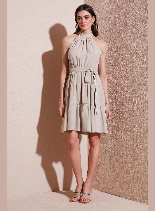 Lela Lela Pleated Regular Fit Halter Neck Mini Dress with Belt Women's Dress 6772041