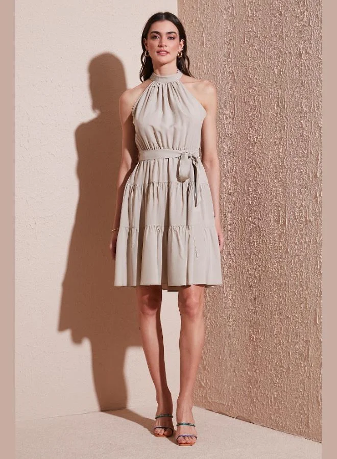 Lela Lela Pleated Regular Fit Halter Neck Mini Dress with Belt Women's Dress 6772041