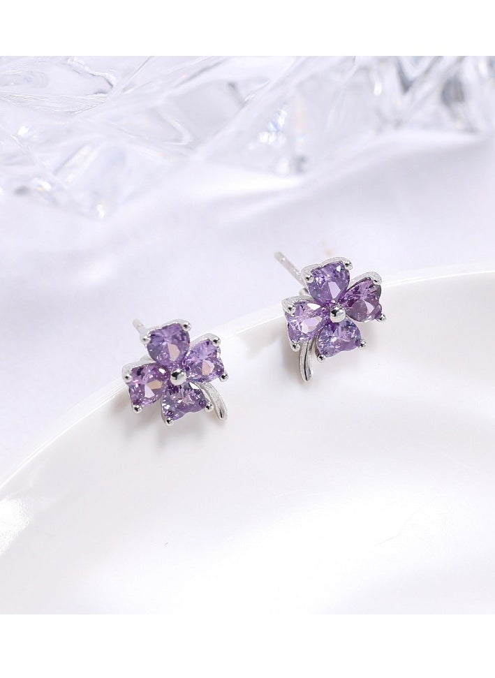 xozgdovg Purple crystal flower earrings Fashion diamond-encrusted style earrings  - Image 2
