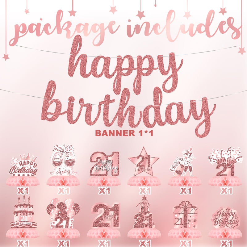 Celee 21st Birthday Decorations for Her â€“ 12PCS Rose Gold Honeycomb Table Centerpieces with Happy Birthday Banner â€“ Pink 21 Year Old Party Supplies for Women or Girls - Image 3
