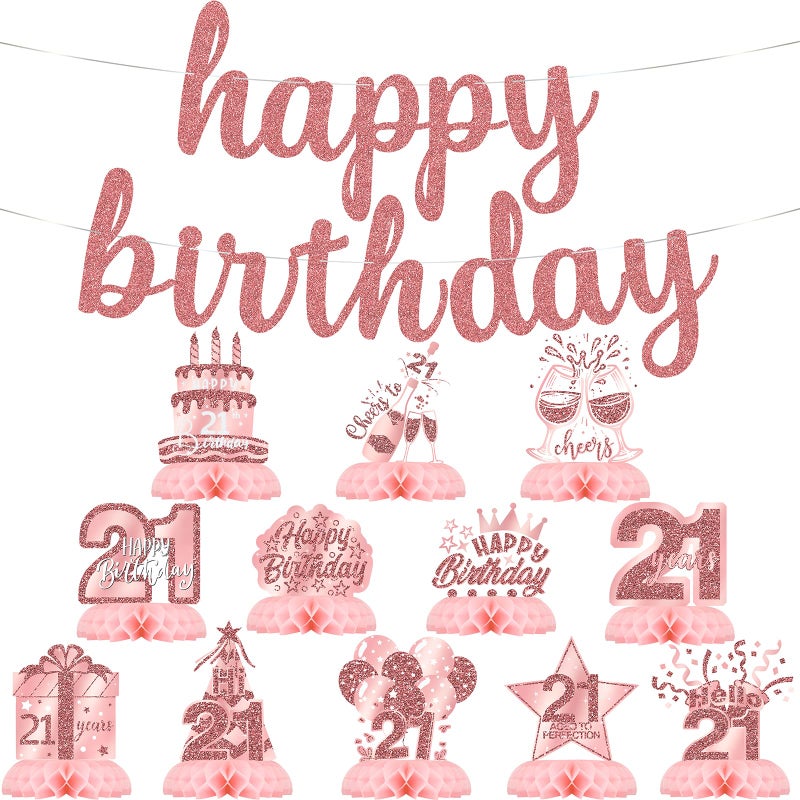 Celee 21st Birthday Decorations for Her â€“ 12PCS Rose Gold Honeycomb Table Centerpieces with Happy Birthday Banner â€“ Pink 21 Year Old Party Supplies for Women or Girls - Image 1