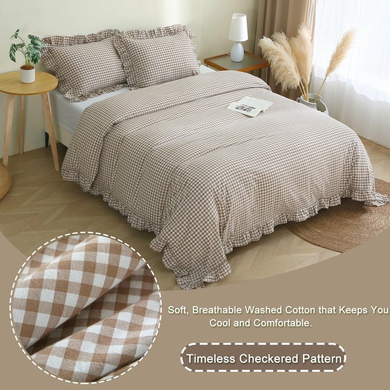 Silnuo Taupe/White Plaid Ruffle Duvet Cover Twin Size,100% Washed Cotton 3 Pcs Vintage Checkered Chic Gingham Bedding Set Comforter Cover Set - Image 3