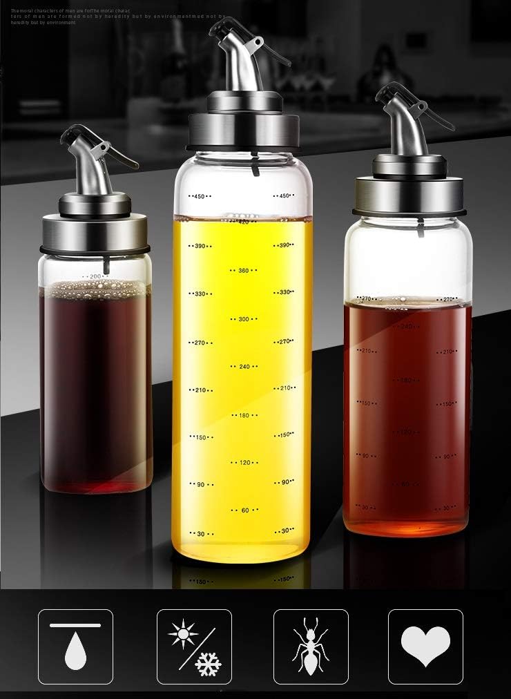 Newraturner Olive Oil Dispenser Bottle, Liquid Condiment Container, 17 Oz Vinegar Dispensing Cruets With Dripless Capped Spout, Glass Decanter for Kitchen with Degree Scale (17 OZ) - Image 4