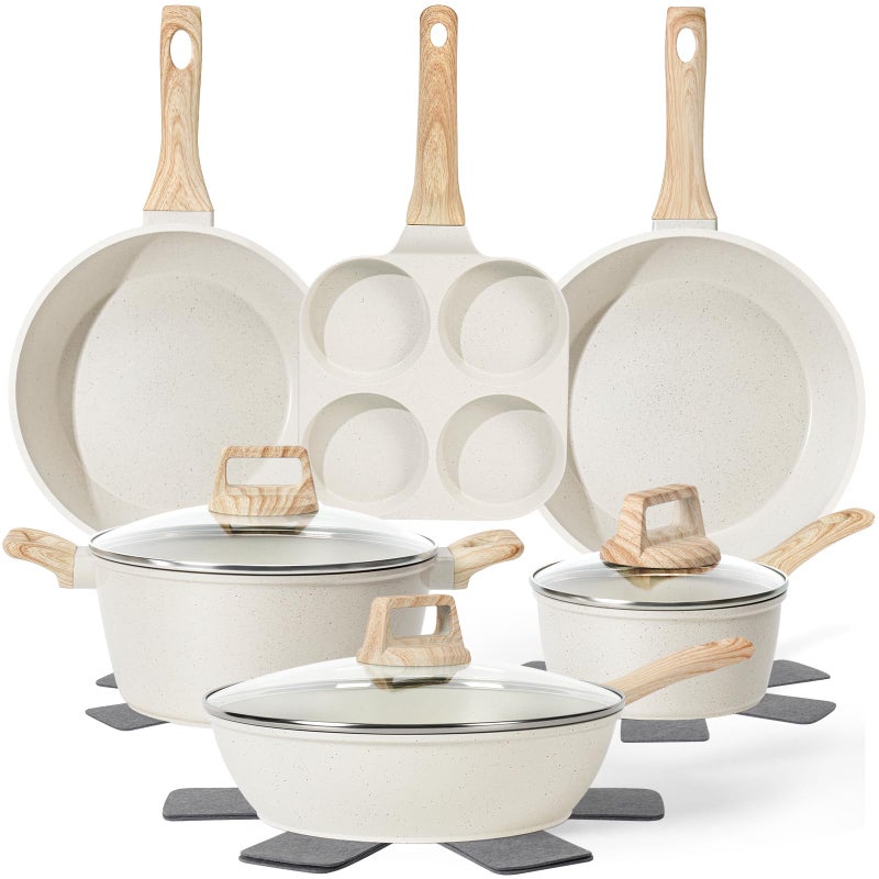 SODAY 13 Pcs Pots and Pans Set, Nonstick Cookware Sets White Granite Induction Cookware, Non-toxic Healthy Non stick Kitchen Cooking Set with Frying Pans Set, Saucepans (PFAS/PFOA/PFOS Free) - Image 1