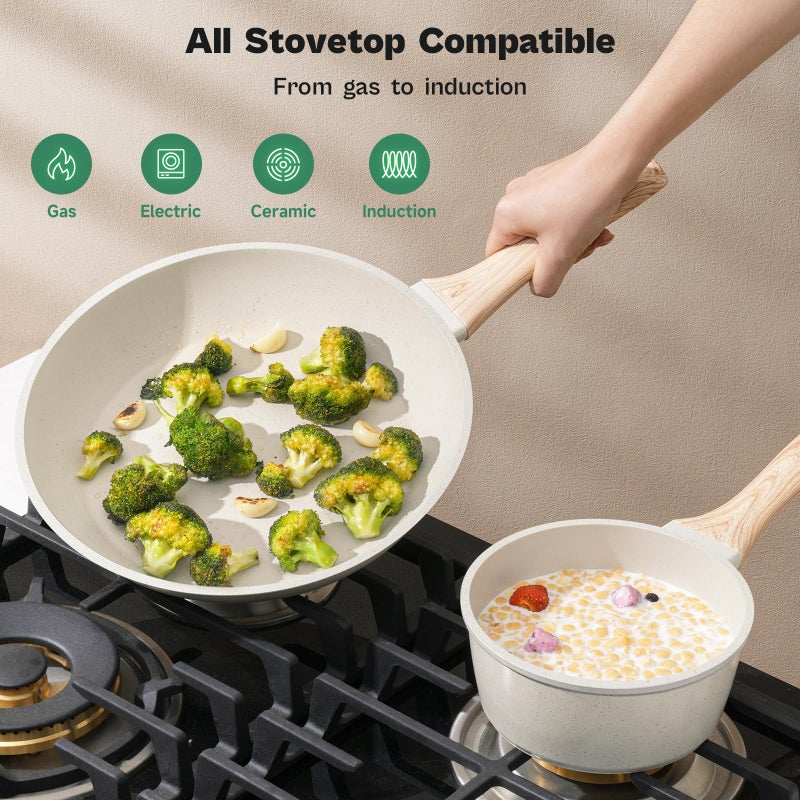 SODAY 13 Pcs Pots and Pans Set, Nonstick Cookware Sets White Granite Induction Cookware, Non-toxic Healthy Non stick Kitchen Cooking Set with Frying Pans Set, Saucepans (PFAS/PFOA/PFOS Free) - Image 4